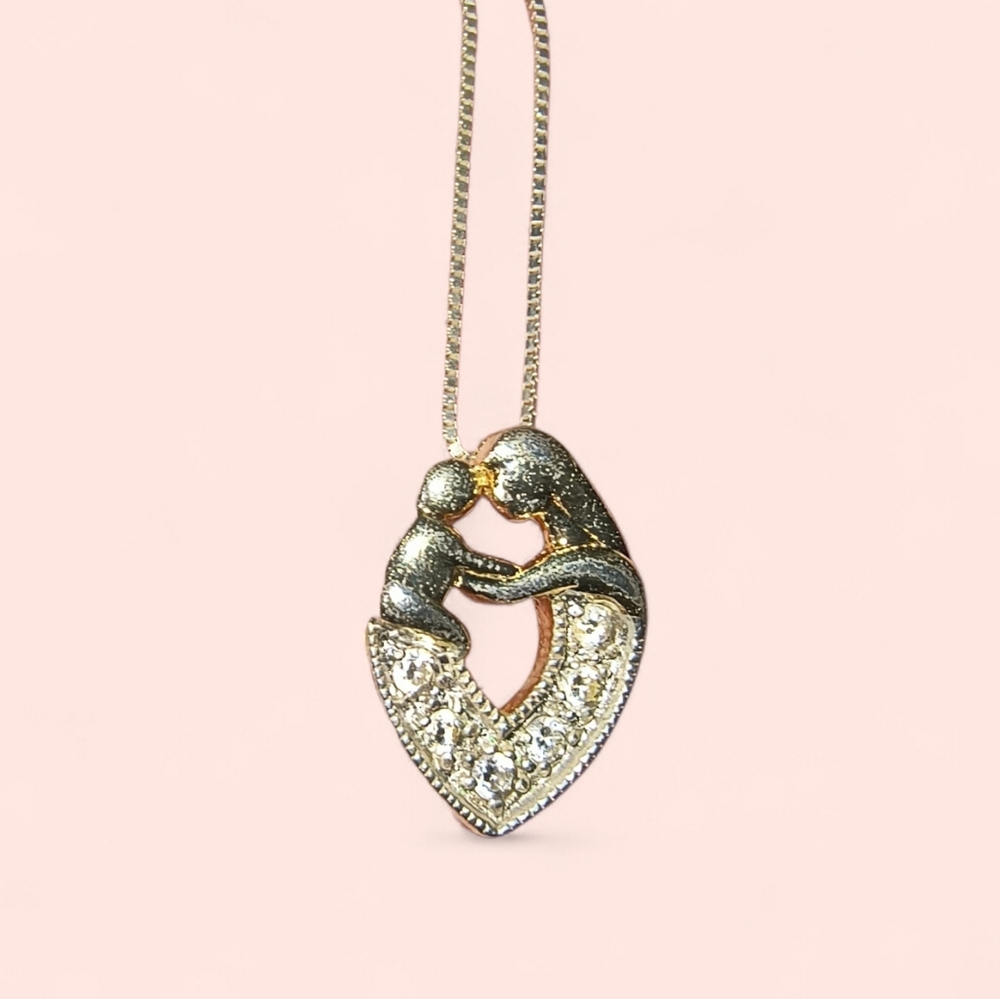 Two-Tone Sterling Silver And CZ Mother And Child Pendant Necklace